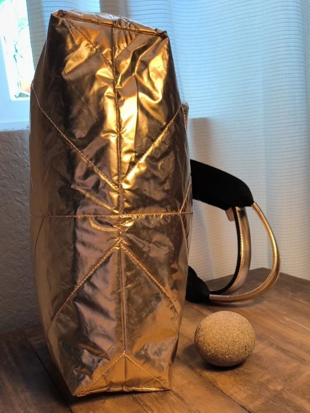 Victoria's Secret Shiny Quilted Gold Tote with Black Handles